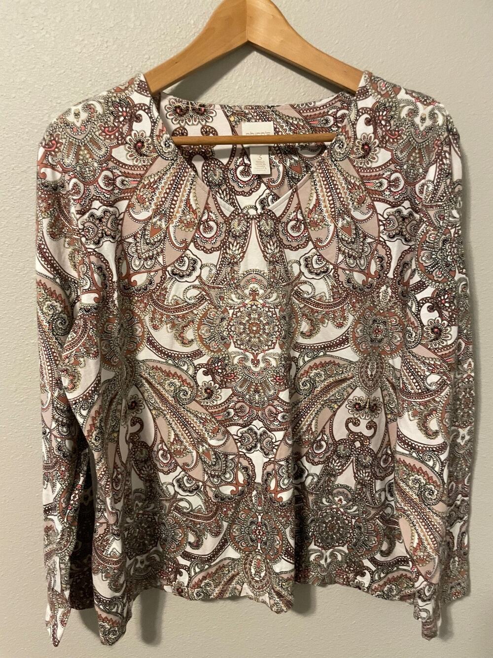Chicos Top Womens 3 US XL Multicolor Paisley Jersey Knit Long Sleeve Artsy Boho